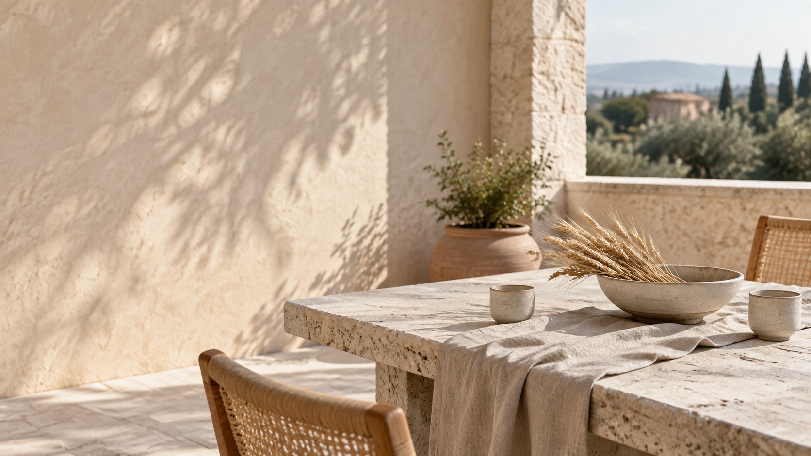 Stone table with linen, wheat and ceramic cups