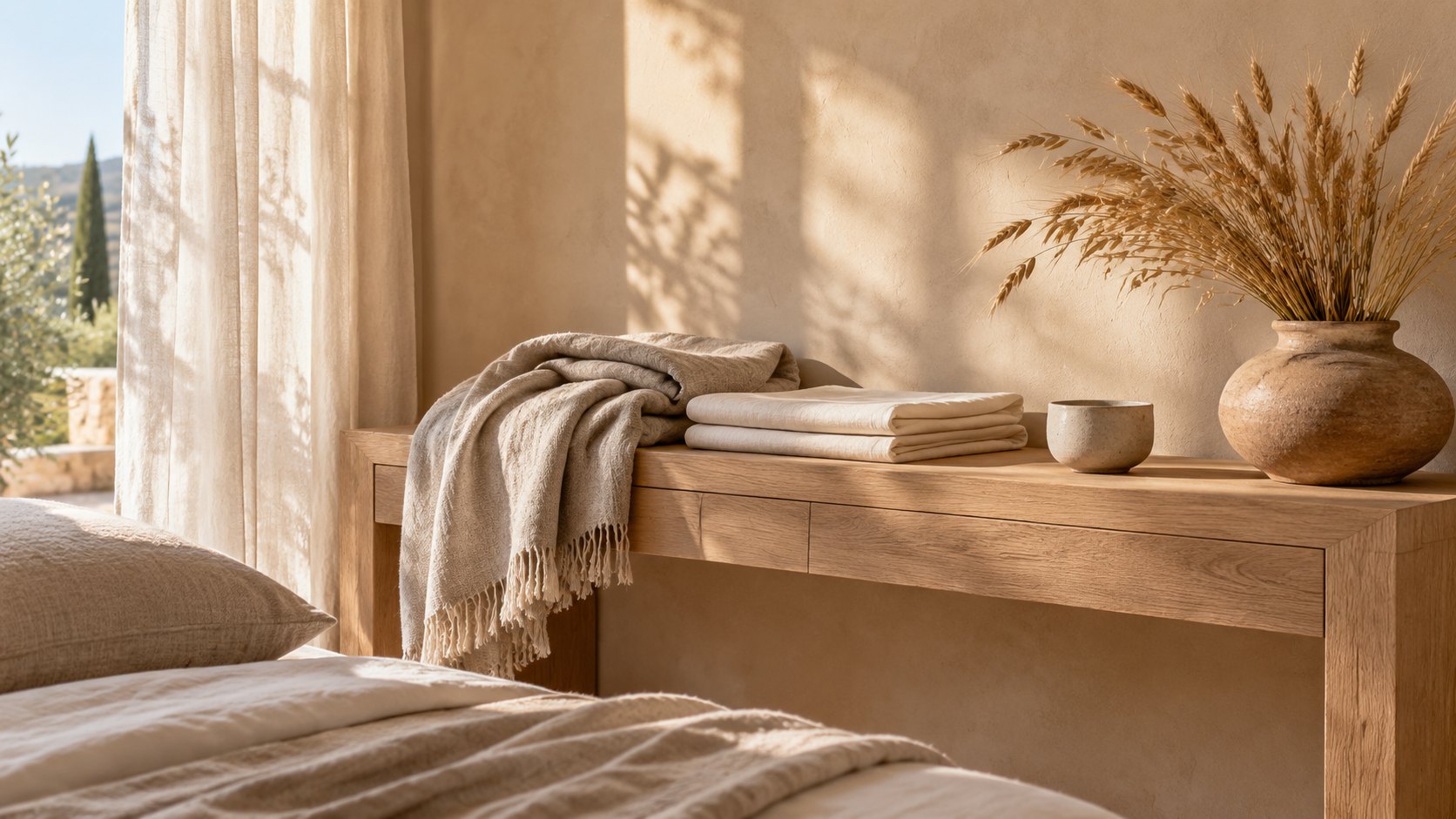 Folded linen and a clay vessel on an oak table