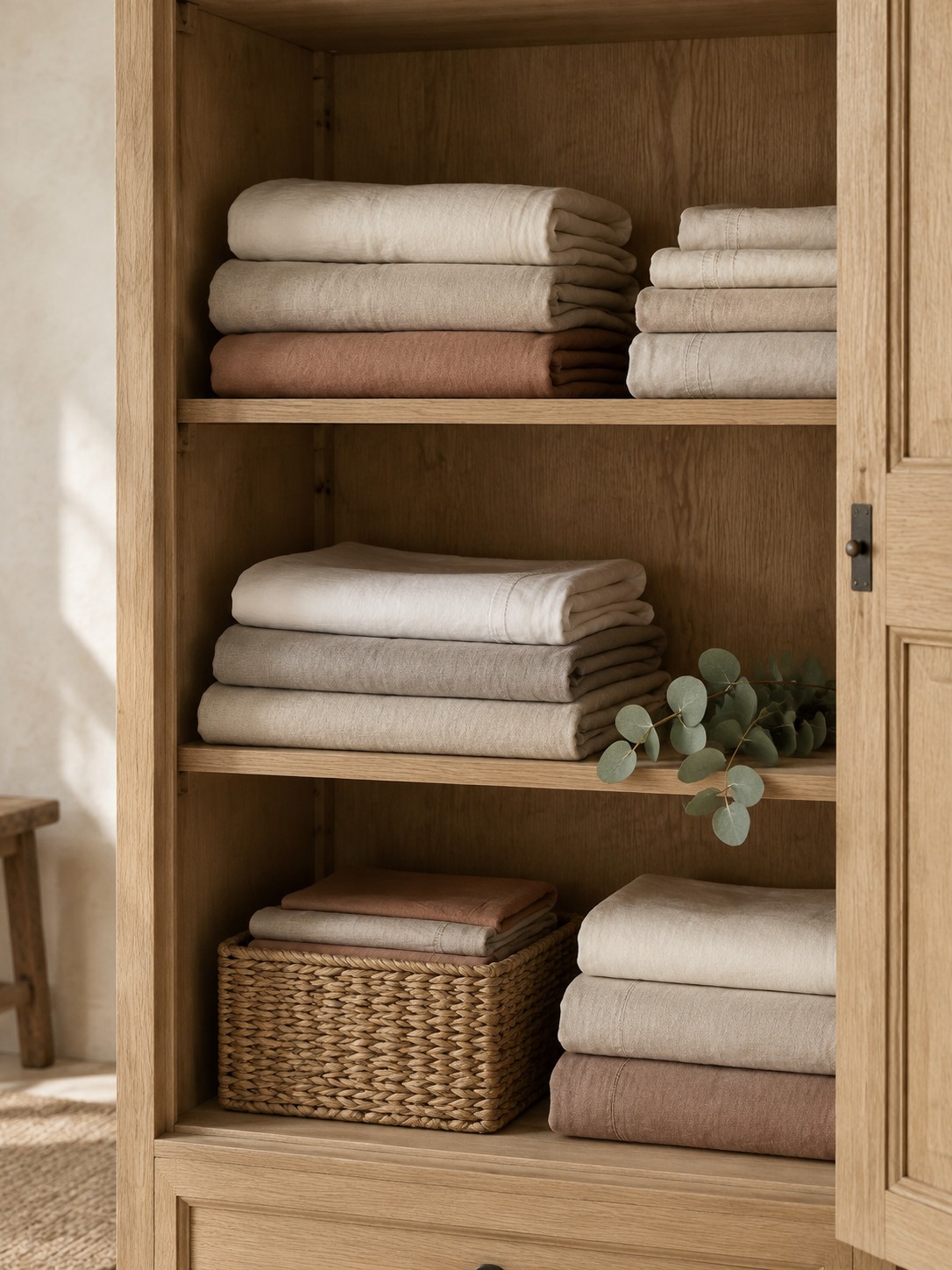Folded sheets and pillowcases on oak shelves