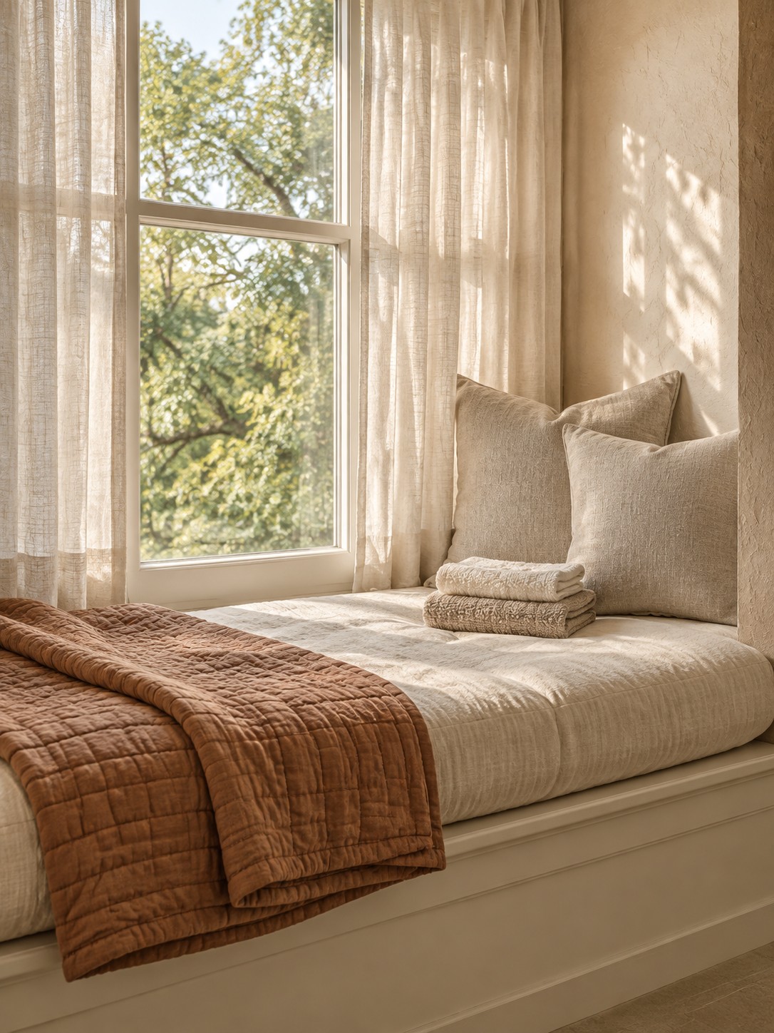 Window seat with a clay quilt and linen cushions